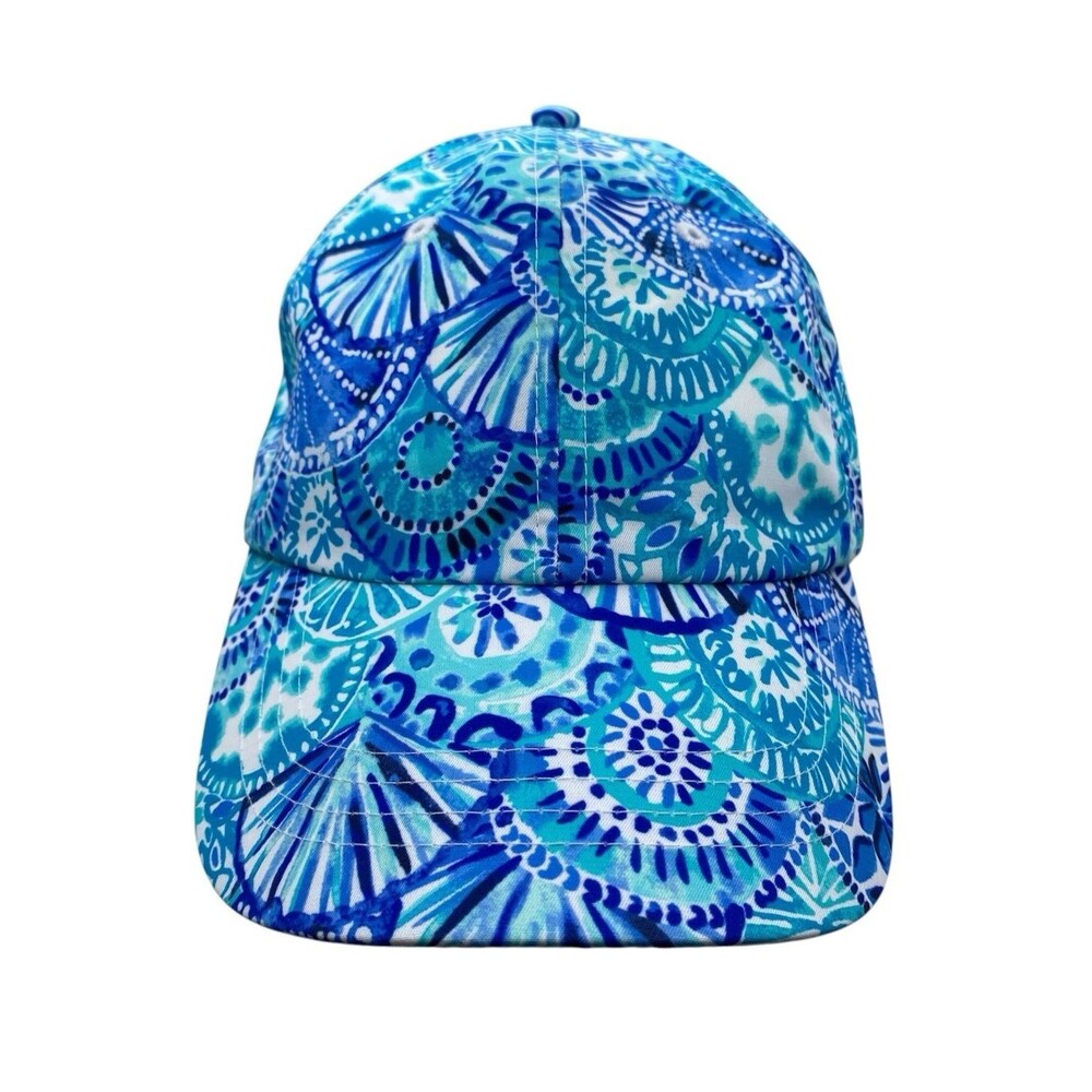 NEW Lilly Pulitzer Run Around Hat Cap Blue Turquoise Floral Seashells Logo READ
